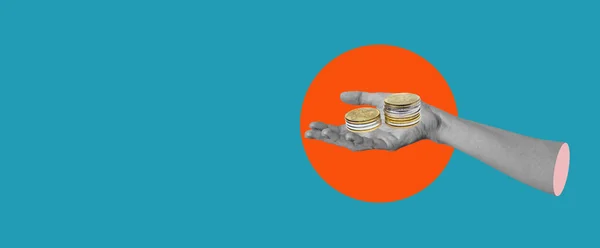 Kunstcollage Die Hand Mit Münzen Auf Blauem Hintergrund Mit Platz — Stockfoto