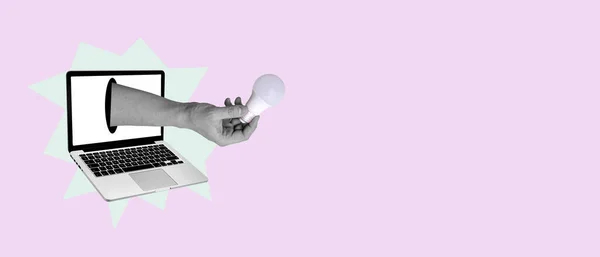 Modern Art Collage Hand Holding Light Bulb Laptop Creativity New — Stockfoto