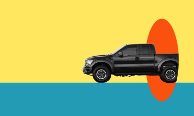 Arabayla dünyayı dolaşmak. Sanat kolajı. Araba kiralama, sürrealist bir geçmiş..