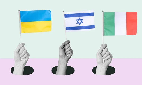 2014 Art Colorses Hand Flag Ukraine Israel Italy Light Background — 스톡 사진