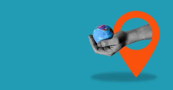 Digital Collage Contemporary Art Hand Holding Globe Navigation Icon Blue — Stock Photo, Image