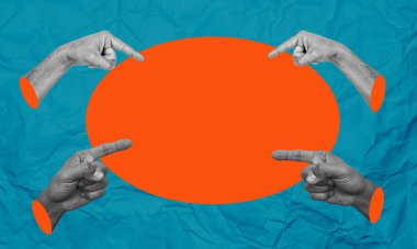 Sanat kolajı, reklamını yapacak yeri gösteren eller. Reklam ve haber kavramı.