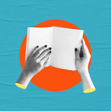 Kitabı avucumun içinde aç. Eğitici kolaj kavramı. Sanat kolajı, mavi ıslak kağıt arka planda.