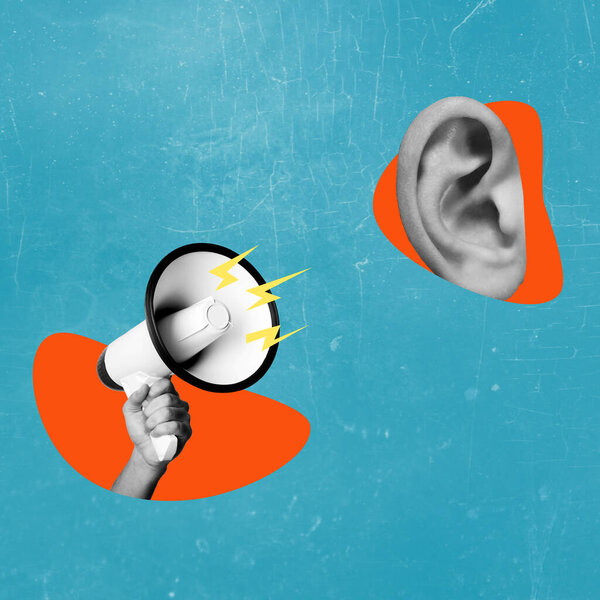 Искусство коллаж, руки держа мегафон громкоговоритель фейковые новости текст вещания ухо слушания пропаганды. Концепция пропаганды и новостей.