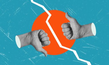 Sanat kolajı, parmak yukarı ve aşağı mavi arka plan. Olumsuz ya da pozitif kavramı.