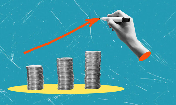 stacks of coins and growth graph. Hand draws a graph of growth. Profitable investment, business concept. art collage.