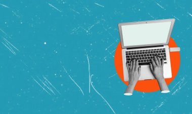 Çağdaş sanat kolajı. Erkek eller dizüstü bilgisayarda yazı yazıyor, finansal analizlerle çalışıyor, sanal para yetiştiriyor. Kripto para birimi kavramı, ekonomi, modern teknoloji, internet. Yaratıcı tasarım