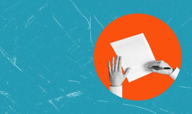 Yaratıcı sanat kolajı el imzası mavi arka planda son sözleşme belgesi. Boşlukları ve belgeleri kopyala.