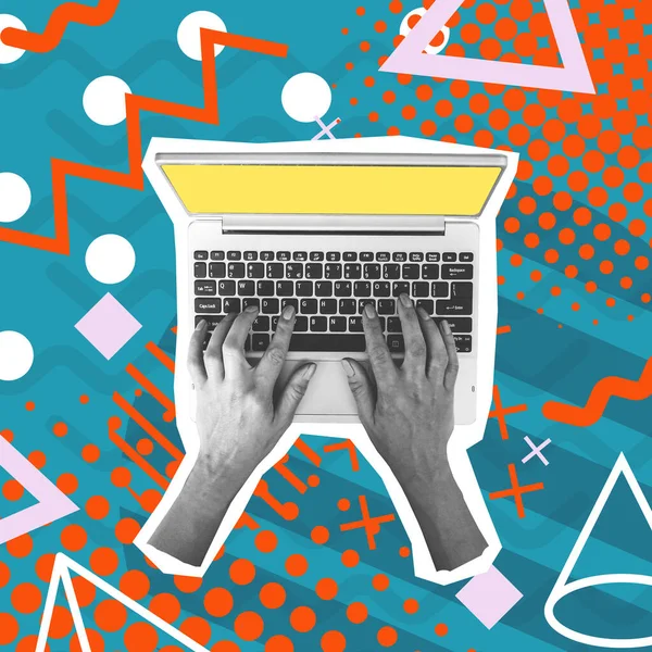 Çağdaş sanat kolajı. Erkek eller dizüstü bilgisayarda yazı yazıyor, finansal analizlerle çalışıyor, sanal para yetiştiriyor. Kripto para birimi kavramı, ekonomi, modern teknoloji, internet. Yaratıcı tasarım