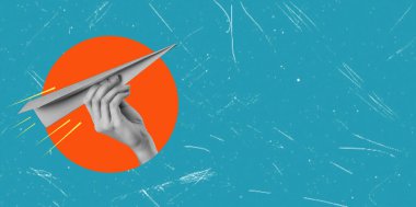 Hand holding a paper airplane against a circle background. Ideas for traveling. Art collage with copy space on blue background.