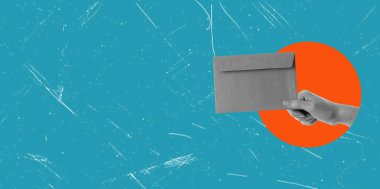 Poster banner collage of a hand holding a new message, hand with envelope. Concept of writing a letter.