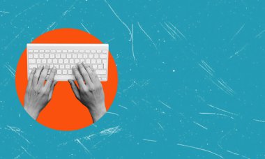 Çağdaş sanat kolajı. Yaratıcı tasarım. Bilgisayar klavyesinde yazı yazan kadın elleri. Kitle iletişim araçları, gazetecilik, iş. Sürrealizm, haber, bilgi, işgal, hayal gücü ve sanat kavramı.