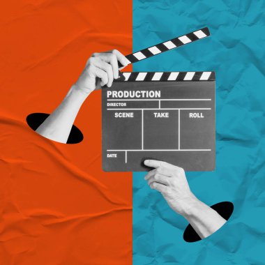 Stüdyoda film videosu çeken el çırpma kolajı. Film yapımcısı alkışlıyor. Aksiyon, günün tiyatrosu. Yönetmen, film endüstrisi, Hollywood. Canlı yayın videosu.