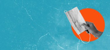 İçerideki farklı virüslerden koruyucu yüz maskesi. Soyut kadın elinin viral enfeksiyon kavramı. Metnin ya da ilanın için kopyalanma alanı. Sürrealizm.