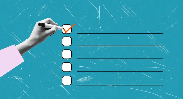 Kontrol listesi konsepti. Çağdaş sanat kolajı. Elinizde bir kalem var. Bir anket düzeniName.