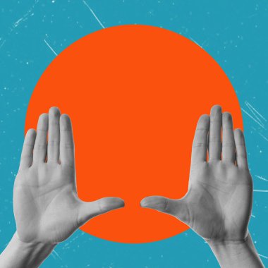 Sanat Kolajı, Turuncu Çemberdeki Avuçlar. Takım çalışması kavramı.