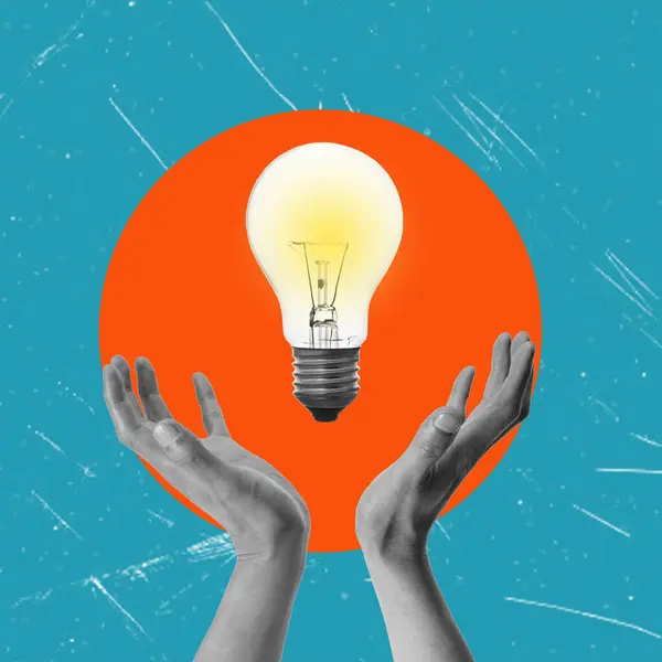 Sanat kolajı, portakal arkaplanındaki bir ampule uzanan eller. Fikir ve çalışma kavramı, modern sanat kolajı..