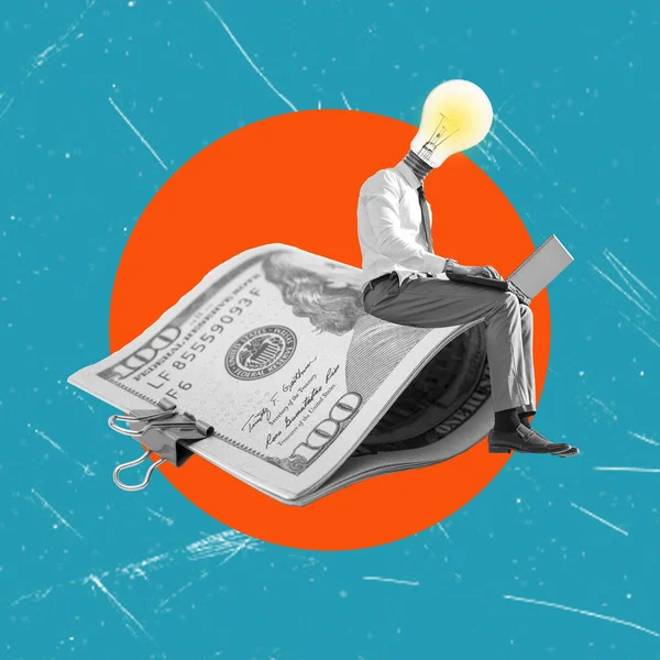 Art collage art, man sitting on money, light bulb instead of head isolated on creative background. Concept of work and earning money.