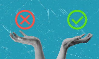 Bir resmi tasvir eden kompozit bir kolaj, kontrol işaretine ya da haça basma seçimi. Avucunun içindeki seçim konsepti