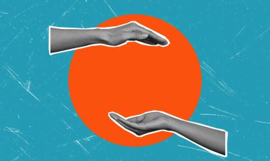 Çağdaş sanat kolajı, turuncu çemberdeki kadın avuçları. Metin için boşluk.