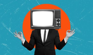 Sanat kolajı, kafası yerine televizyonu olan bir adamın modern sanat kolajı. Reklam veya propaganda için kavramsal bir yer, haberler.