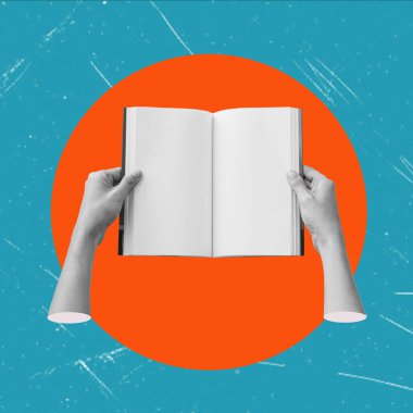 Sanat Kolajı: Portakal Çemberinin İçinde Mavi Arkaplan Üzerine Bir Kitapla El. Öğrenim ve Eğitim Konsepti