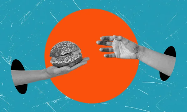 Art collage, a hand reaches for a hand holding a burger against a blue background with an orange circle. The concept of tasty and unhealthy food