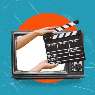 Televizyonda bir video filmi çekerken el çırpışı. Film yapımı için bir alkış. Çağdaş sanat kolajı.