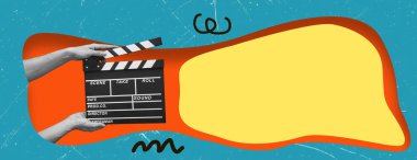 El çırpma tahtası stüdyoda video sineması yapıyor. Film yapım alkış tahtası. Aksiyon, tiyatro günü.