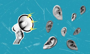 İş görüşmesi zamanı. Modern sanat kolajı insan kulaklarını ve mavi arka planda megafonu tutan bir eli tasvir ediyor. Brifing zamanı. İş anlayışı, iş anlayışı.