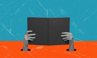 İnsanoğlunun bilgi arzusu. Elleriniz açık olsun. Modern sanat kolajı. Eğitim ve öğrenim kavramı.