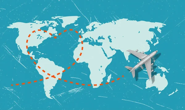 Nowoczesny Artystyczny Kolaż Wizerunkiem Ziemi Latającym Samolotem Koncepcja Reprezentuje Podróże — Zdjęcie stockowe
