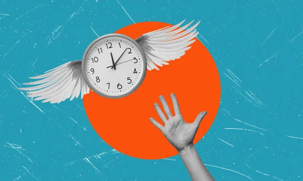 A contemporary artistic collage Time flies. A hand reaching out to grasp time, depicted as clock with wings. The concept is dedicated to time.