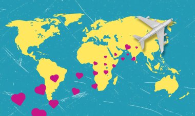 A modern artistic collage featuring an image of the world map and a flying airplane adorned with hearts. The concept revolves around the idea of travel and tourism with a touch of love