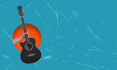 Çağdaş akustik gitar sanat kolajı. Müzik kavramı, yaratıcılık, ilham, hayal gücü, reklam. Tebrik kartı tasarımı, dergi kapağı tasarımı