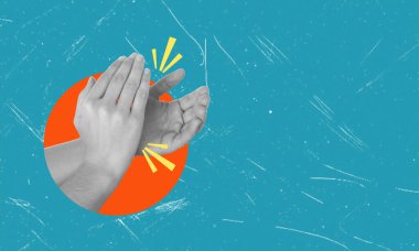 Sanat kolajı, mavi arkaplanda el çırpma, yazı için boşluk. Zafer ve alkış kavramı