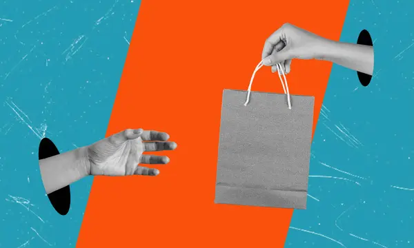 Art collage, hand with a shopping bag. Shopping and online ordering concept