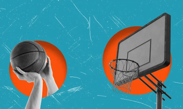 Сучасний Мистецький Колаж Зображує Чоловічу Руку Баскетболом Кошик Синьому Фоні — стокове фото