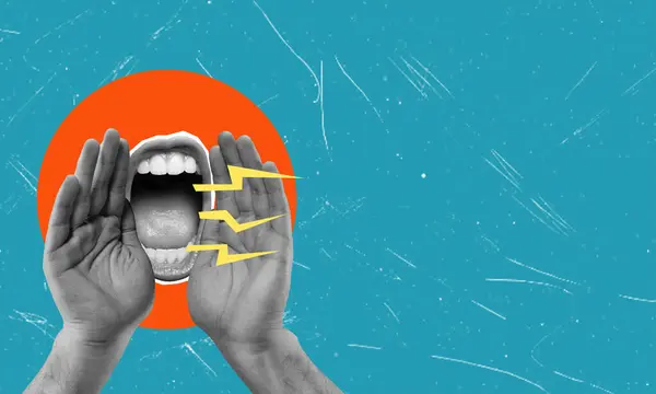 Sanat kolajı, çığlık atan ağız ve eller. Propaganda ve reklam kavramı.