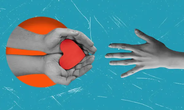 Сучасний Мистецький Колаж Зображує Людські Руки Тримають Серце Сучасний Дизайн — стокове фото