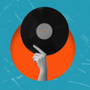 Art collage depicting a hand holding a vinyl record. Vinyl sheet music. Music and retro party concept. clipart