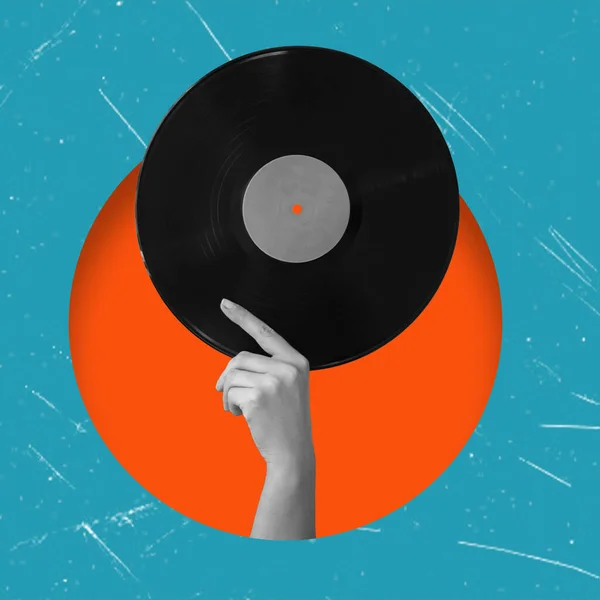 stock image Art collage depicting a hand holding a vinyl record. Vinyl sheet music. Music and retro party concept.