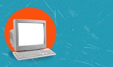Çağdaş sanat kolajı. Mavi arka planda turuncu daireli bir Retro bilgisayar. Reklam, metin ve tasarım için alanı kopyala