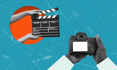 El çırpma tahtası stüdyoda video sineması yapıyor. Film yapım alkış tahtası. Aksiyon, tiyatro günü.