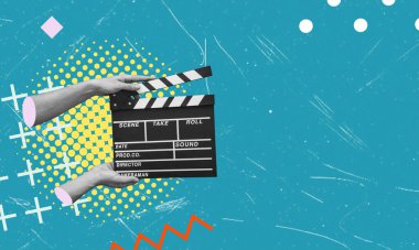 El çırpma tahtası stüdyoda video sineması yapıyor. Film yapım alkış tahtası. Aksiyon, tiyatro günü.