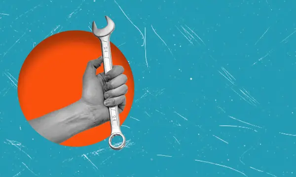 El sanatları kolajı ve gerçeküstü bir arka planda aletler. Teknik destek, garanti hizmeti ve onarım kavramı.