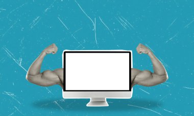 Çağdaş sanat kolajı. Modern bir monitörün görüntüsü ve arka planda güçlü kol kasları. İnternetteki propaganda kavramı.
