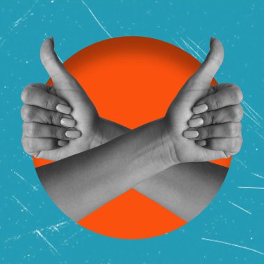 Sanat kolajı, kadın eli baş parmak işareti. Pozitif el işareti.