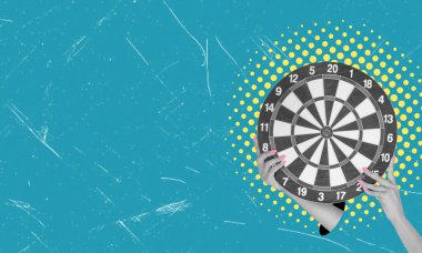Dart tahtası ve dartlarla kolaj resmi. Çalışma başarısı kopyalama alanı ile kazanır.