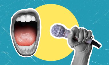 Çağdaş sanat kolajında bir mikrofon ve çığlık atan bir ağız var. Karaoke ya da haber kavramı.